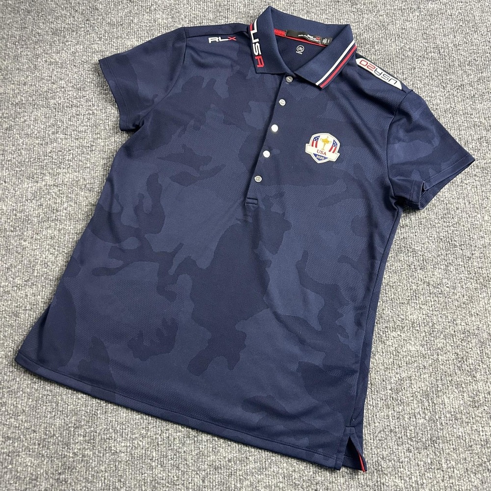 RLX Ralph Lauren Polo Shirt Womans Small Navy Camo USA 2020 Tech Golf Wicking